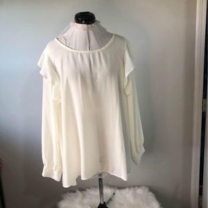 1X Umgee Womens Long Sleeve White Blouse ruffled shoulder & back C5893